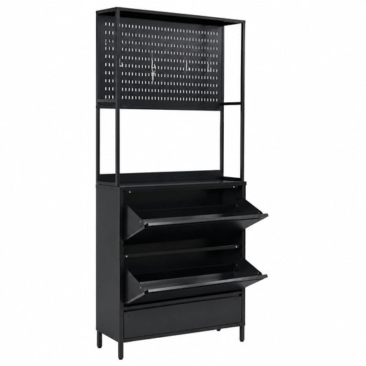 Schuhschrank – 201 × 80 × 20 cm, mit Ablagen, aus Metall, Schwarz