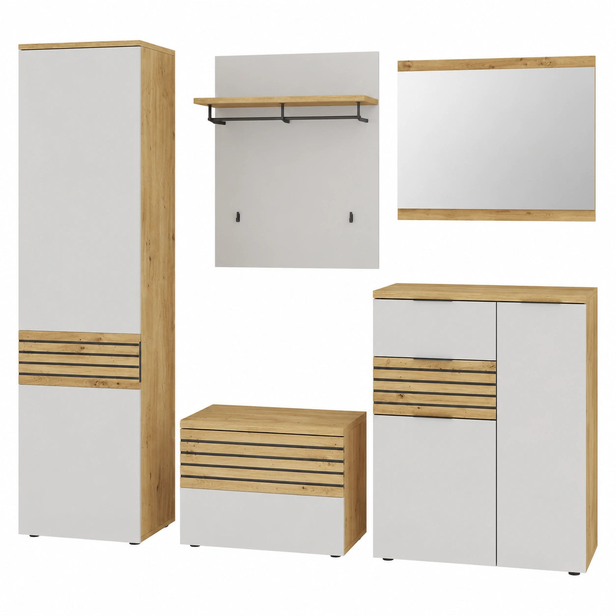 Garderobenset – 5-teilig, 290 × 200 × 38 cm, moderner Stil, aus Eichenholz, Artisan-Eiche, für Flur